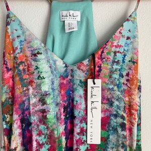 NWT Nicole Miller New York Satin Abstract Waterfall Maxi Slip Party Dress